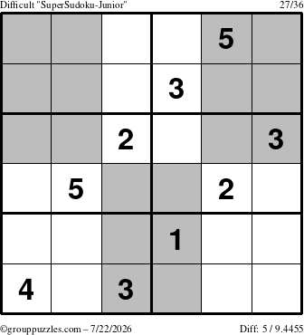 The grouppuzzles.com Difficult SuperSudoku-Junior puzzle for Wednesday July 22, 2026