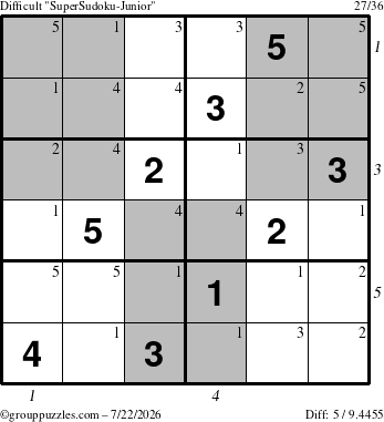 The grouppuzzles.com Difficult SuperSudoku-Junior puzzle for Wednesday July 22, 2026, suitable for printing, with all 5 steps marked