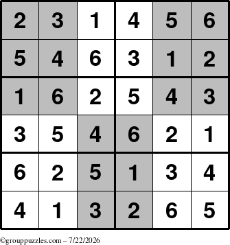 The grouppuzzles.com Answer grid for the SuperSudoku-Junior puzzle for Wednesday July 22, 2026