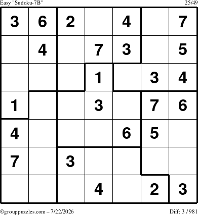 The grouppuzzles.com Easy Sudoku-7B puzzle for Wednesday July 22, 2026