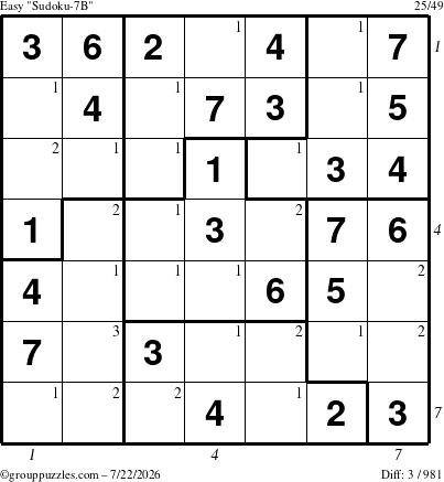 The grouppuzzles.com Easy Sudoku-7B puzzle for Wednesday July 22, 2026 with all 3 steps marked