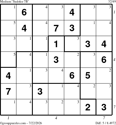 The grouppuzzles.com Medium Sudoku-7B puzzle for Wednesday July 22, 2026, suitable for printing, with all 5 steps marked