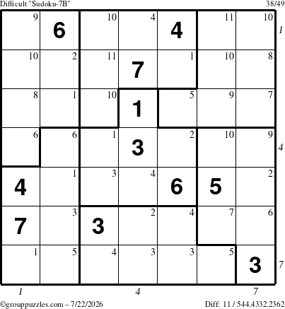 The grouppuzzles.com Difficult Sudoku-7B puzzle for Wednesday July 22, 2026 with all 11 steps marked