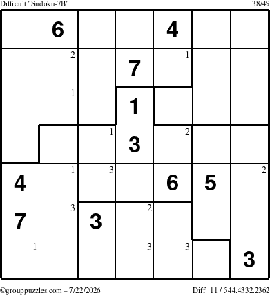 The grouppuzzles.com Difficult Sudoku-7B puzzle for Wednesday July 22, 2026 with the first 3 steps marked