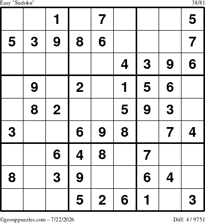 The grouppuzzles.com Easy Sudoku puzzle for Wednesday July 22, 2026