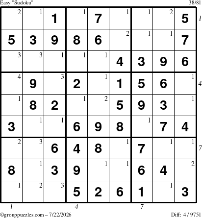 The grouppuzzles.com Easy Sudoku puzzle for Wednesday July 22, 2026, suitable for printing, with all 4 steps marked