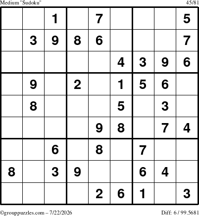 The grouppuzzles.com Medium Sudoku puzzle for Wednesday July 22, 2026