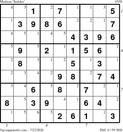 The grouppuzzles.com Medium Sudoku puzzle for Wednesday July 22, 2026, suitable for printing, with all 6 steps marked