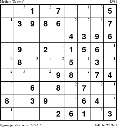 The grouppuzzles.com Medium Sudoku puzzle for Wednesday July 22, 2026 with the first 3 steps marked