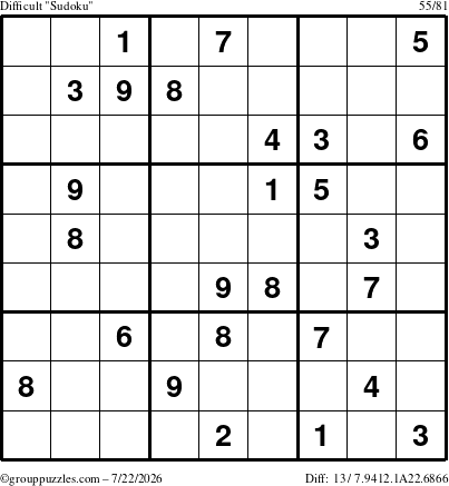 The grouppuzzles.com Difficult Sudoku puzzle for Wednesday July 22, 2026