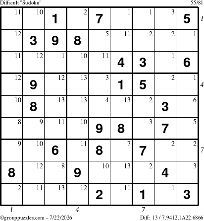 The grouppuzzles.com Difficult Sudoku puzzle for Wednesday July 22, 2026 with all 13 steps marked