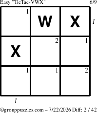 The grouppuzzles.com Easy TicTac-VWX puzzle for Wednesday July 22, 2026 with all 2 steps marked