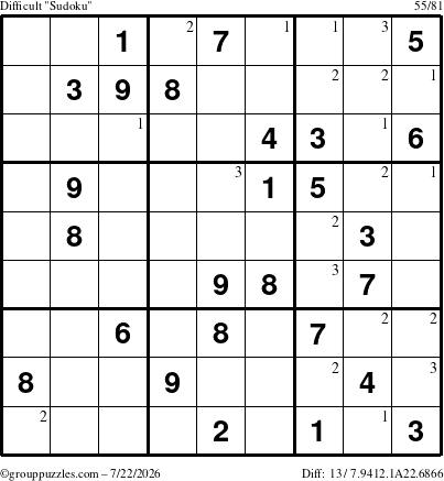 The grouppuzzles.com Difficult Sudoku puzzle for Wednesday July 22, 2026 with the first 3 steps marked