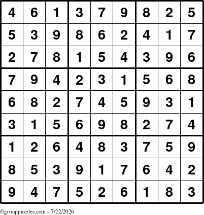The grouppuzzles.com Answer grid for the Sudoku puzzle for Wednesday July 22, 2026