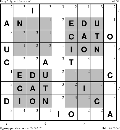 The grouppuzzles.com Easy HyperEducation-i23 puzzle for Wednesday July 22, 2026 with all 4 steps marked