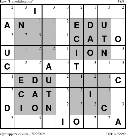 The grouppuzzles.com Easy HyperEducation-i23 puzzle for Wednesday July 22, 2026 with the first 3 steps marked