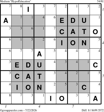 The grouppuzzles.com Medium HyperEducation-i23 puzzle for Wednesday July 22, 2026, suitable for printing, with all 8 steps marked