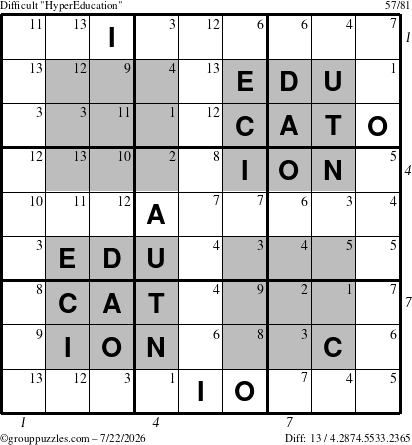 The grouppuzzles.com Difficult HyperEducation-i23 puzzle for Wednesday July 22, 2026, suitable for printing, with all 13 steps marked