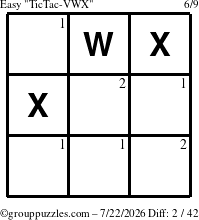 The grouppuzzles.com Easy TicTac-VWX puzzle for Wednesday July 22, 2026 with the first 2 steps marked