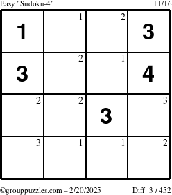 The grouppuzzles.com Easy Sudoku-4 puzzle for Thursday February 20, 2025 with the first 3 steps marked