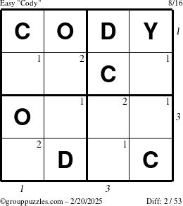 The grouppuzzles.com Easy Cody puzzle for Thursday February 20, 2025, suitable for printing, with all 2 steps marked