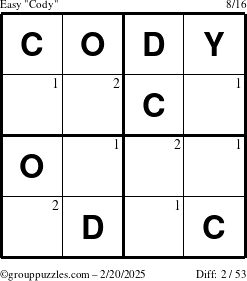 The grouppuzzles.com Easy Cody puzzle for Thursday February 20, 2025 with the first 2 steps marked