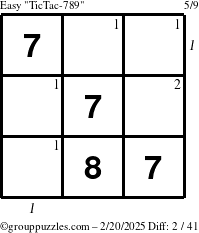 The grouppuzzles.com Easy TicTac-789 puzzle for Thursday February 20, 2025 with all 2 steps marked