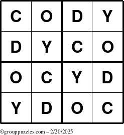 The grouppuzzles.com Answer grid for the Cody puzzle for Thursday February 20, 2025