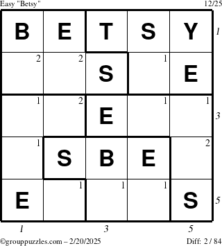 The grouppuzzles.com Easy Betsy puzzle for Thursday February 20, 2025 with all 2 steps marked