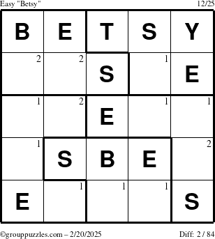 The grouppuzzles.com Easy Betsy puzzle for Thursday February 20, 2025 with the first 2 steps marked