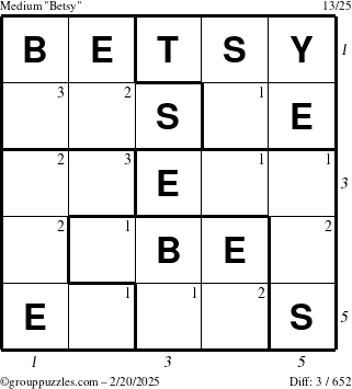 The grouppuzzles.com Medium Betsy puzzle for Thursday February 20, 2025, suitable for printing, with all 3 steps marked