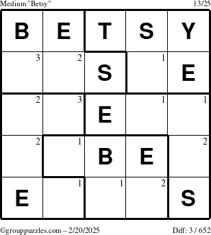 The grouppuzzles.com Medium Betsy puzzle for Thursday February 20, 2025 with the first 3 steps marked