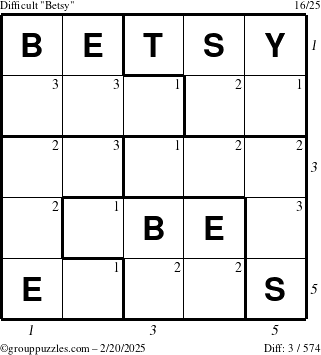 The grouppuzzles.com Difficult Betsy puzzle for Thursday February 20, 2025 with all 3 steps marked