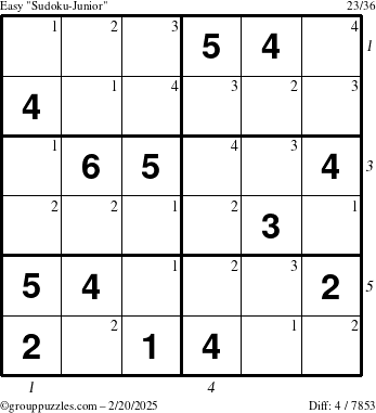 The grouppuzzles.com Easy Sudoku-Junior puzzle for Thursday February 20, 2025 with all 4 steps marked