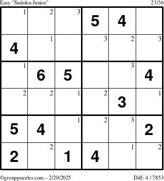 The grouppuzzles.com Easy Sudoku-Junior puzzle for Thursday February 20, 2025 with the first 3 steps marked