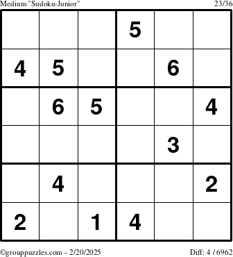 The grouppuzzles.com Medium Sudoku-Junior puzzle for Thursday February 20, 2025