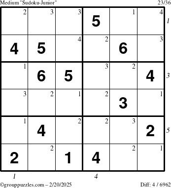 The grouppuzzles.com Medium Sudoku-Junior puzzle for Thursday February 20, 2025 with all 4 steps marked