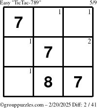 The grouppuzzles.com Easy TicTac-789 puzzle for Thursday February 20, 2025 with the first 2 steps marked