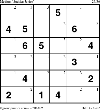 The grouppuzzles.com Medium Sudoku-Junior puzzle for Thursday February 20, 2025 with the first 3 steps marked