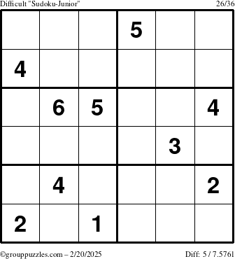 The grouppuzzles.com Difficult Sudoku-Junior puzzle for Thursday February 20, 2025