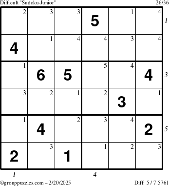 The grouppuzzles.com Difficult Sudoku-Junior puzzle for Thursday February 20, 2025 with all 5 steps marked