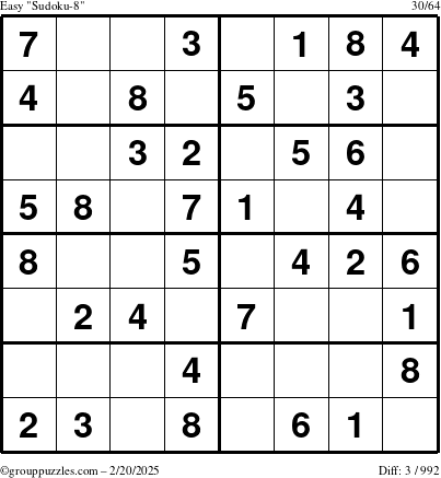 The grouppuzzles.com Easy Sudoku-8 puzzle for Thursday February 20, 2025