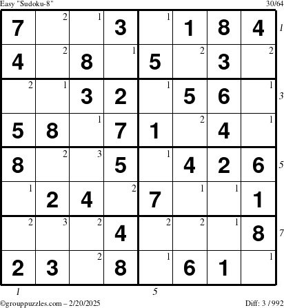 The grouppuzzles.com Easy Sudoku-8 puzzle for Thursday February 20, 2025, suitable for printing, with all 3 steps marked