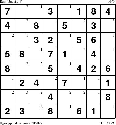 The grouppuzzles.com Easy Sudoku-8 puzzle for Thursday February 20, 2025 with the first 3 steps marked