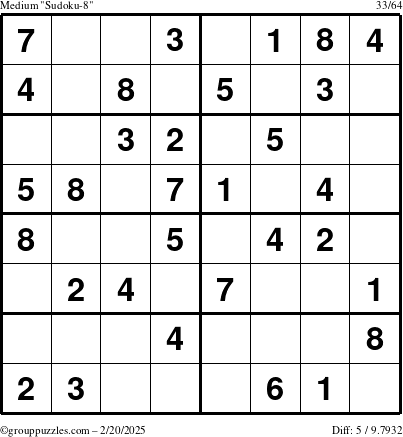 The grouppuzzles.com Medium Sudoku-8 puzzle for Thursday February 20, 2025