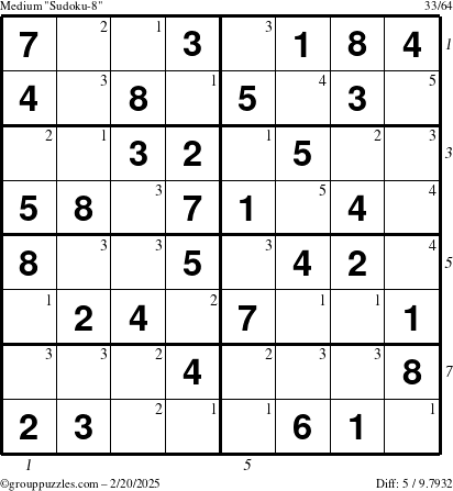 The grouppuzzles.com Medium Sudoku-8 puzzle for Thursday February 20, 2025 with all 5 steps marked