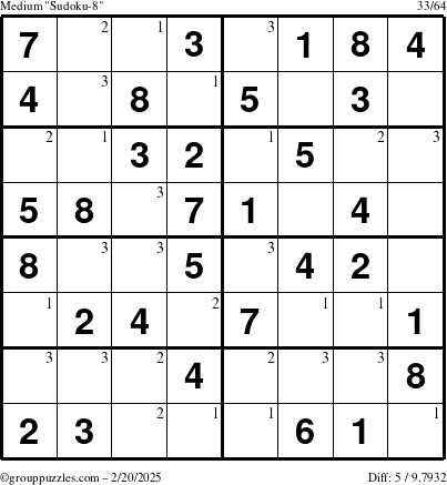 The grouppuzzles.com Medium Sudoku-8 puzzle for Thursday February 20, 2025 with the first 3 steps marked