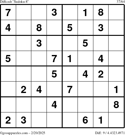 The grouppuzzles.com Difficult Sudoku-8 puzzle for Thursday February 20, 2025