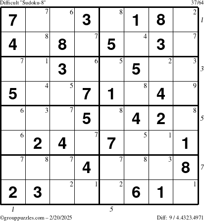 The grouppuzzles.com Difficult Sudoku-8 puzzle for Thursday February 20, 2025 with all 9 steps marked