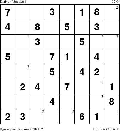 The grouppuzzles.com Difficult Sudoku-8 puzzle for Thursday February 20, 2025 with the first 3 steps marked